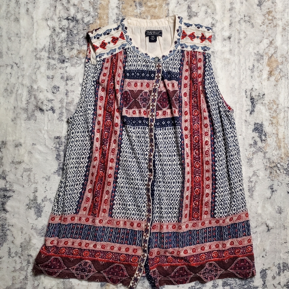 Lucky Brand Sleeveless boho button down tank Navy Blue and Red Size XS - Picture 2 of 15